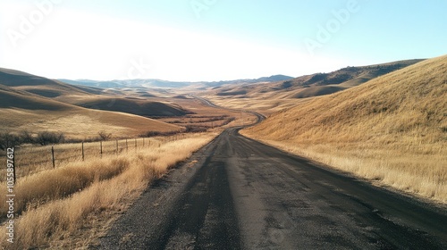 A quiet highway in the middle of nowhere, with no cars or people in sight, surrounded by barren hills