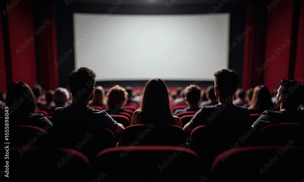 A group of people is sitting in a theater watching a movie