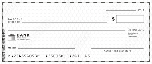 Bank check, vector blank money cheque, checkbook template with guilloche pattern and fields. Currency payment coupon, money check background