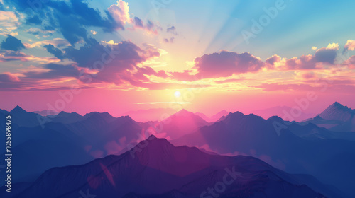 Radiant Mountain Silhouettes Under a Vivid Sunset Sky - Generative AI