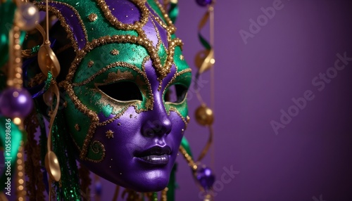 Intricate masquerade mask with detailed decorations in green and purple, set against a purple background