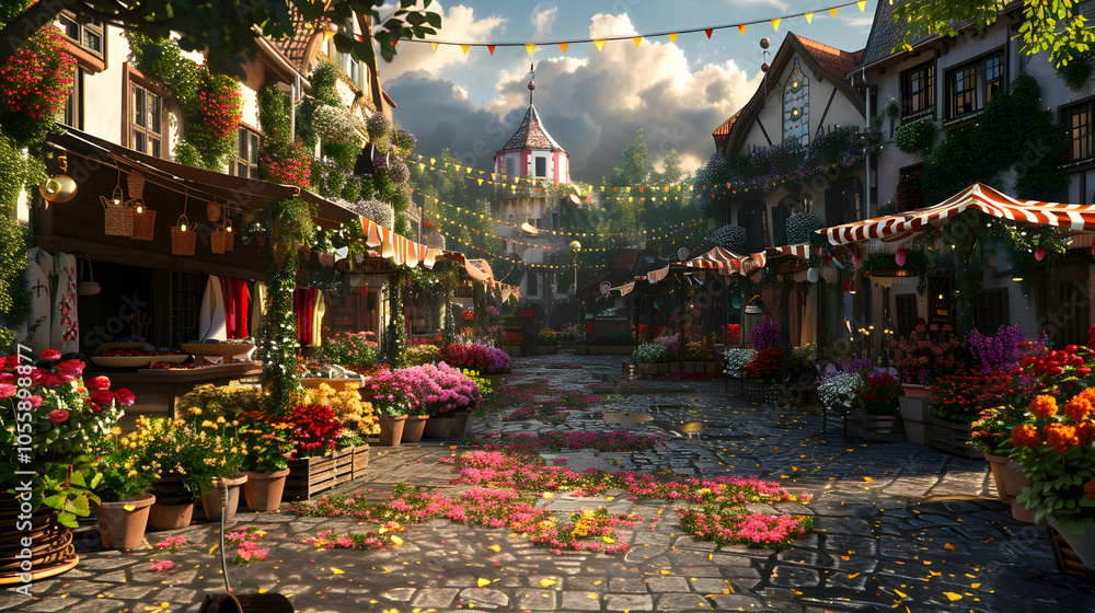 Obraz premium A Charming Flower Market in a Medieval Town