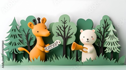 Adorable 3D clay animal figurines playing musical instruments in a whimsical paper cut forest setting with layered trees and floating musical notes A colorful imaginative digital