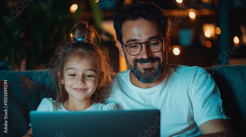 A father and his young daughter watch something on a laptop computer together. They are both smiling, suggesting they are enjoying the content.