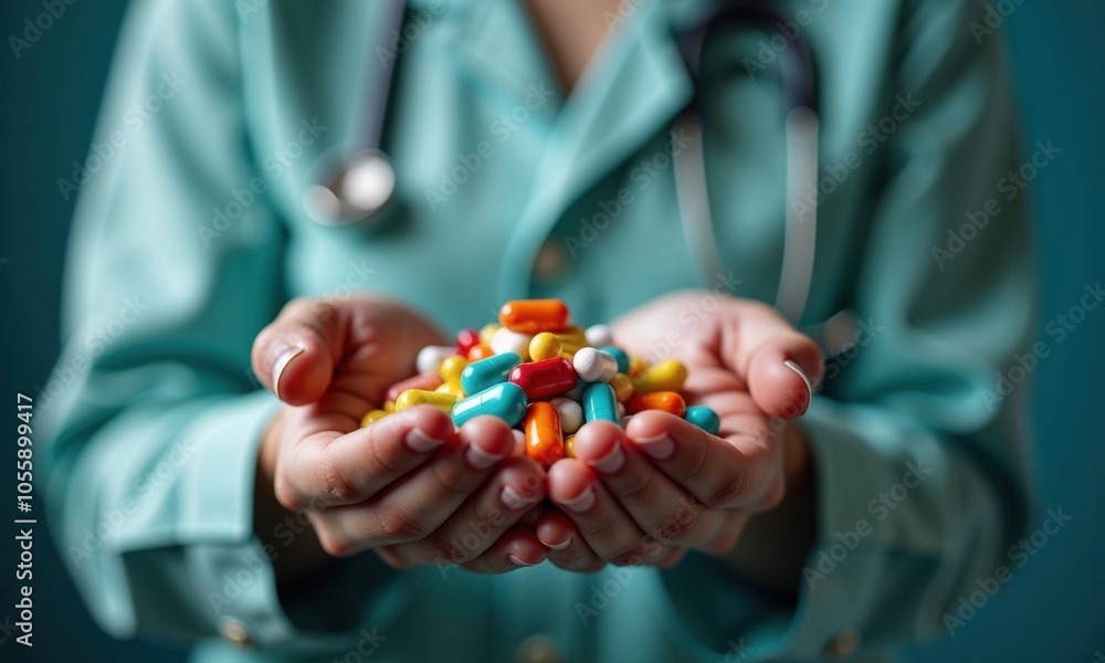 A doctor is carefully holding a large pile of various pills in her hands A doctor is carefully holding a large pile of various pills in her hands