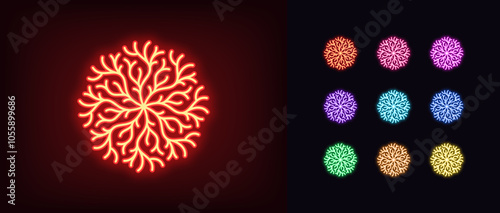 Outline neon coral reef icon set. Glowing neon coral tree icon, geometric pattern of nautical plant. Round coral pattern, coastal coralline seaweed, marine plant branch, submarine nature. Vector icons