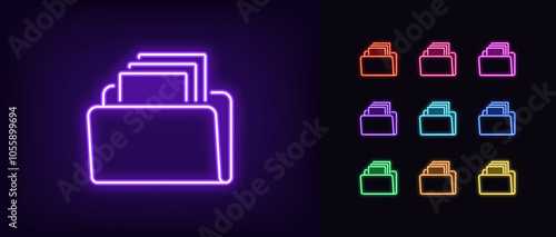 Outline neon file archive icon set. Glowing neon digital folder with documents, data storage organize. File management, digital data catalog, document copy repository, database archive. Vector icons