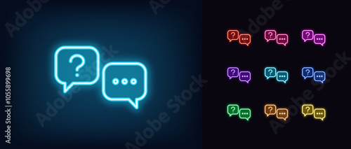 Outline neon live chat icon set. Glowing neon support chat, speech bubbles with question and answer icon. Online help service, assistance chat for client, ask question, user support. Vector icons