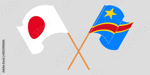 Crossed and waving flags of Japan and Democratic Republic of the Congo. Vector illustration