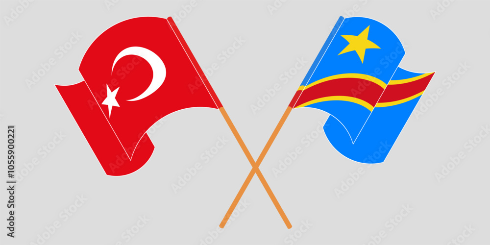 Obraz premium Crossed and waving flags of Turkiye and Democratic Republic of the Congo. Vector illustration