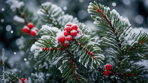 A Detailed View of Lush Pine Branches Delicately Covered in Artificial Snow, Creating a Magical Winter Atmosphere Perfect for Holiday Decorations photo