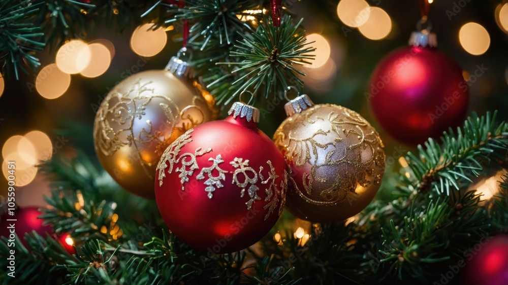 A Detailed View of Glittering Christmas Ornaments Adorning a Festive Tree, Reflecting Light and Adding a Touch of Magic to Your Holiday Decor A Detailed View of Glittering Christmas Ornaments Adorning a Festive Tree, Reflecting Light and Adding a Touch of Magic to Your Holiday Decor