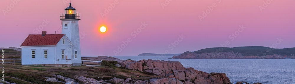 A lighthouse is on a rocky shore with a beautiful sunset in the background A lighthouse is on a rocky shore with a beautiful sunset in the background