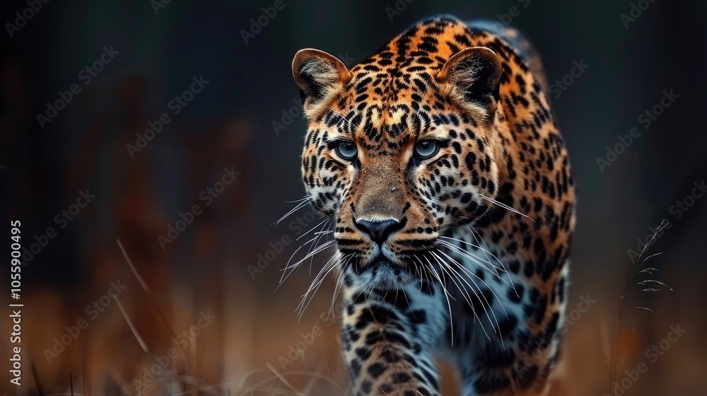 Close-up of a rare endangered leopard walking through a forest during dusk Close-up of a rare endangered leopard walking through a forest during dusk