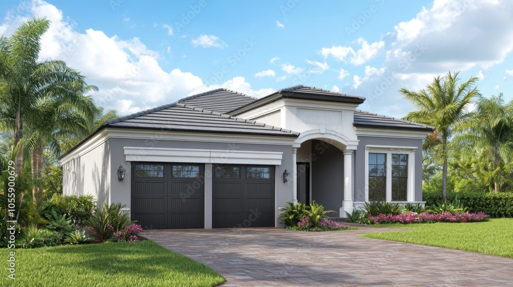 Minimalist home exterior in gray and white tones, featuring a sleek dark garage door, a simple entrance, and lush, manicured plants. Minimalist home exterior in gray and white tones, featuring a sleek dark garage door, a simple entrance, and lush, manicured plants.