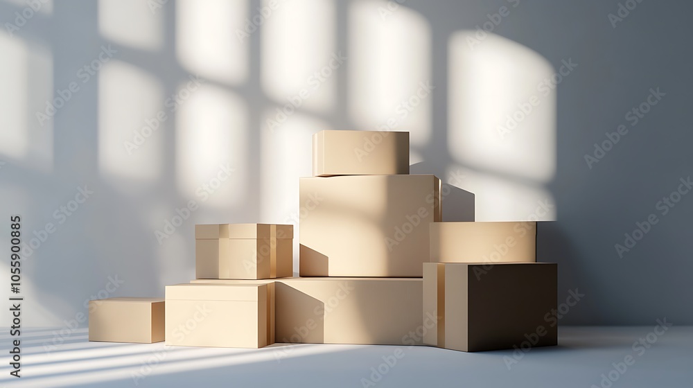 Fototapeta premium Stack of blank packaging boxes with minimal design, on a clean white surface with soft lighting