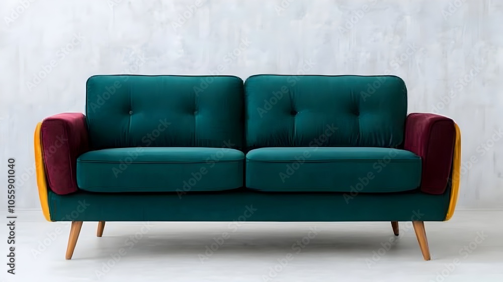 Fototapeta premium Vibrant teal velvet sofa against a backdrop of a bright modern living space with minimalist decor and industrial concrete accents Soft diffused lighting creates a cozy Scandinavian inspired ambiance