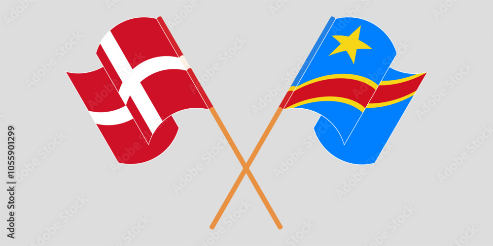 Crossed and waving flags of Denmark and Democratic Republic of the Congo. Vector illustration Crossed and waving flags of Denmark and Democratic Republic of the Congo. Vector illustration