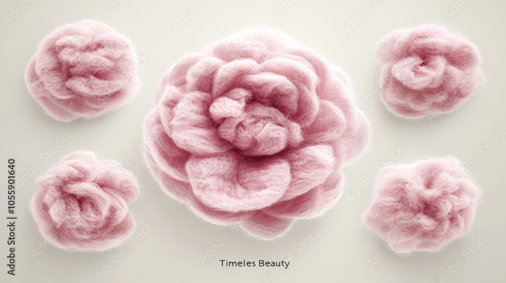 Five delicate pink fluffy flowers in a minimalist style arranged on a white background. Five delicate pink fluffy flowers in a minimalist style arranged on a white background.