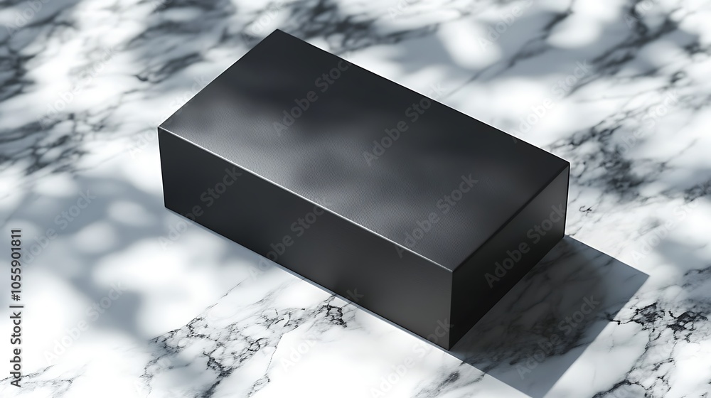 Matte black packaging mockup box with blank label, set on a marble surface with soft shadows