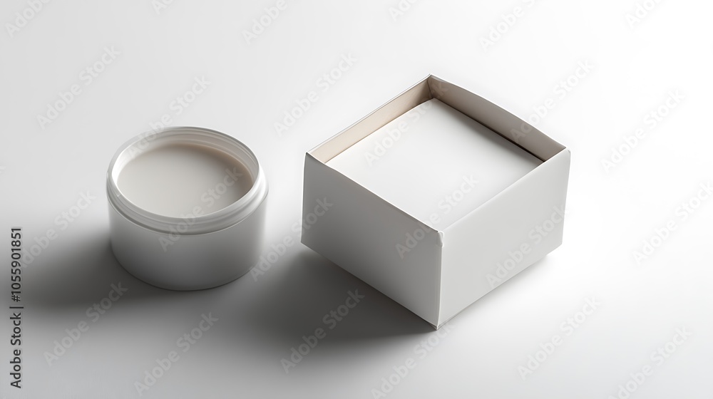 Minimalist packaging mockup box with blank label, set on a white background with soft shadows Minimalist packaging mockup box with blank label, set on a white background with soft shadows