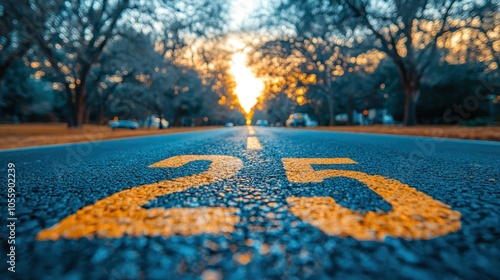 Close-up of a Yellow Number 25 Painted on a Blue Asphalt Road photo