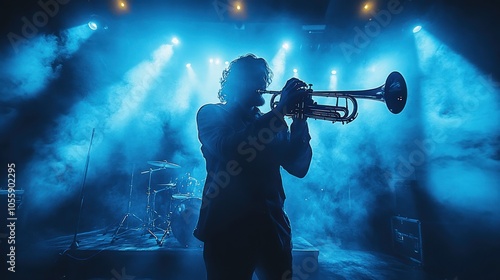 A silhouette of a trumpet player performing on stage, illuminated by blue spotlights and smoke.