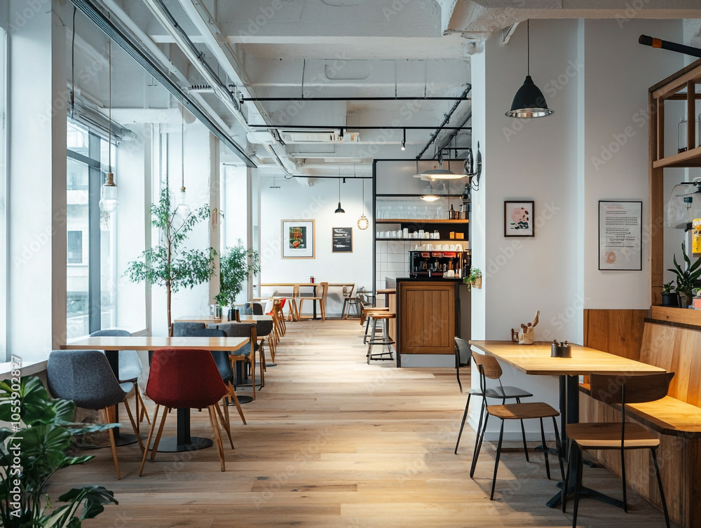 An open space with a cafe and a few chairs. The chairs are orange and there are potted plants in the room An open space with a cafe and a few chairs. The chairs are orange and there are potted plants in the room