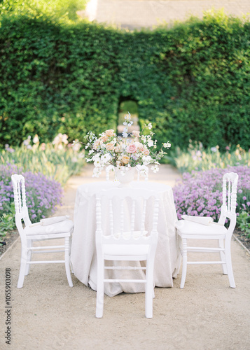 A beautifully decorated outdoor table with fresh flowers, ideal for garden parties, weddings, and elegant gatherings.
