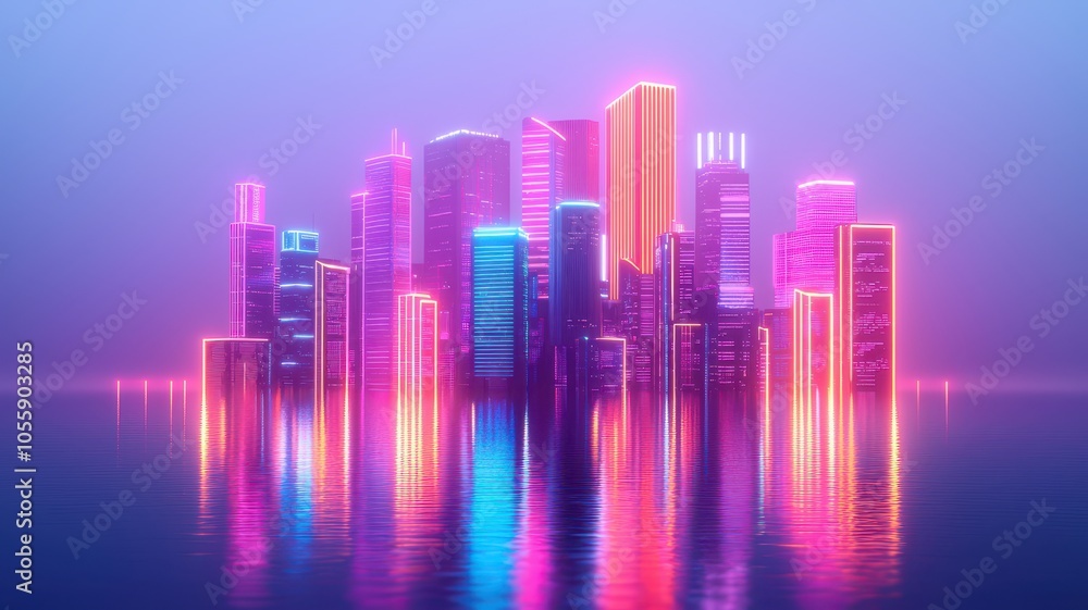 Neon cityscape reflected in water, vibrant colors. Neon cityscape reflected in water, vibrant colors.