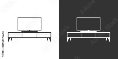 Furniture interior icon with TV stand and TV set. Black and white version