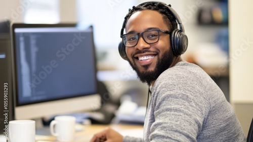 A man wearing headphones and glasses is smiling at the camera