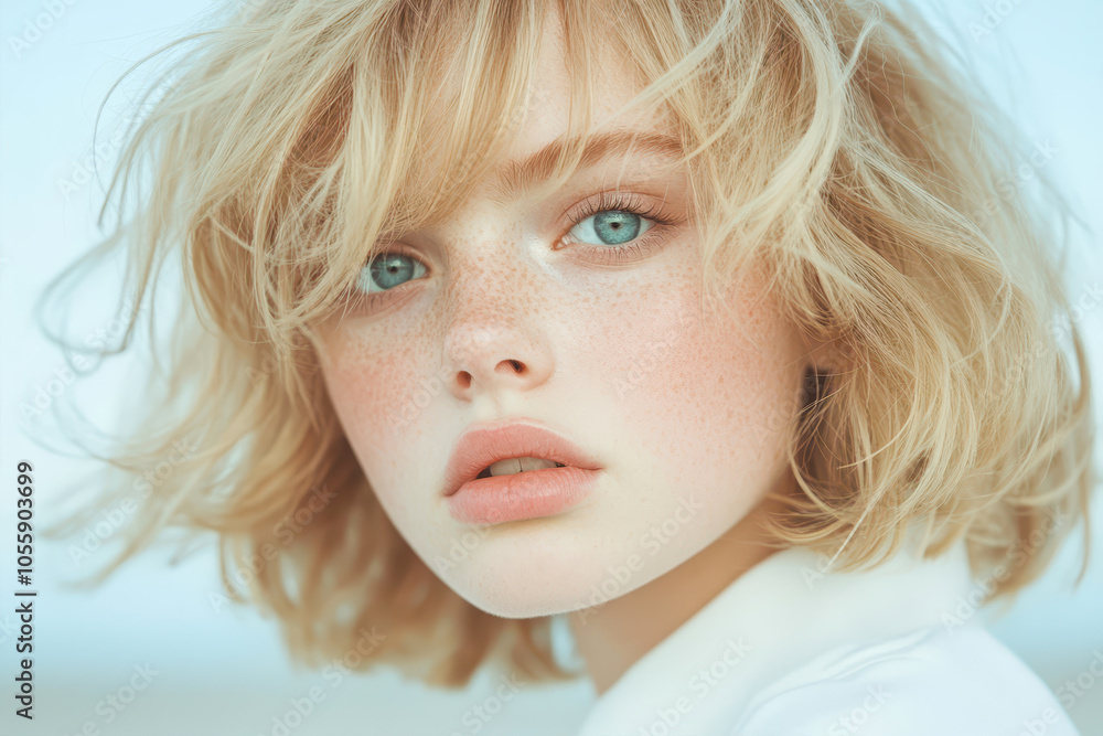 A Serene Portrait of a Young Blonde Woman With Soft Features and Captivating Blue Eyes Outdoors A Serene Portrait of a Young Blonde Woman With Soft Features and Captivating Blue Eyes Outdoors