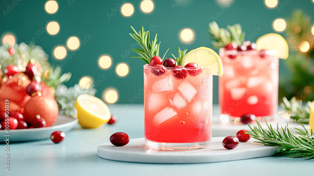A glass of cranberry juice with a lemon slice in it is on a table next to a plat A glass of cranberry juice with a lemon slice in it is on a table next to a plat