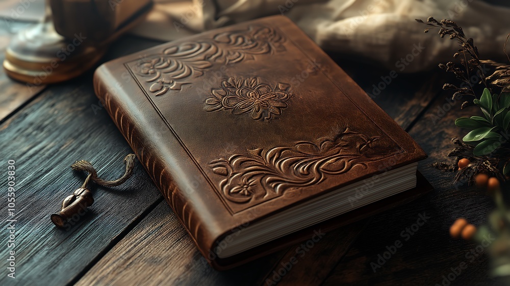 Fototapeta premium Personalized notebook with engraved cover, gift-ready presentation, 3D illustration.