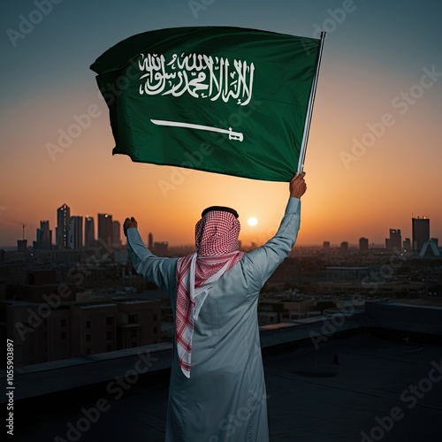 arab person with a Saudi arabian flag on their hands against a skyline under sunset.