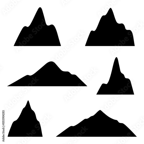 The silhouette of the mountains, isolated on a white background. Graphic hand-drawn black and white illustration of a mountain peak. A decorative element for a design with text, logo, icon