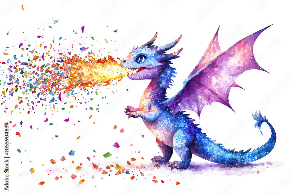 Fototapeta premium Cute watercolor dragon monster, fire flies out colorful confetti, and scales shimmer in pastel colors.