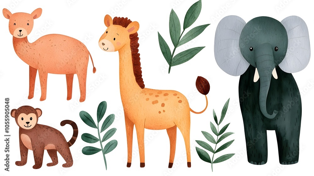 Fototapeta premium Vibrant Watercolor Animal Collection with Camel Kangaroo Lion Monkey Elephant and Lemur on Clean White Background Hand drawn zoo clipart in whimsical style with minimalist backdrop