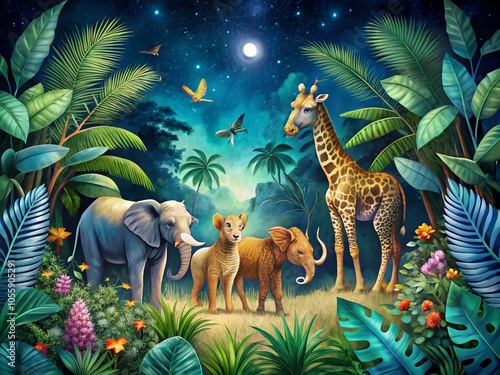 Night Photography of Watercolor Safari Animals Amidst Lush Tropical Leaves for Nature Lovers photo