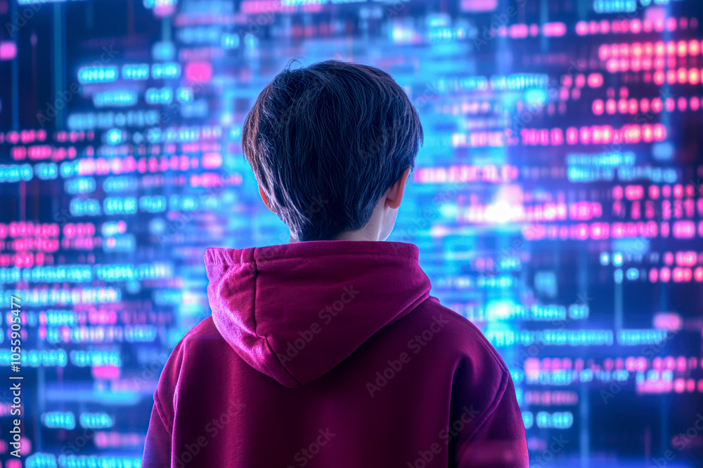 A young man is staring at a computer screen with a lot of numbers A young man is staring at a computer screen with a lot of numbers