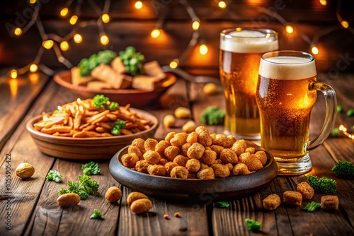 Nighttime Appetizer Platter with Croutons, Peanuts, and Wasabi Nuts for Beer Lovers