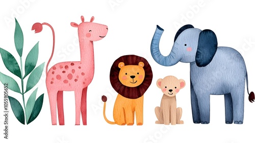 Whimsical watercolor menagerie featuring a hand painted collection of vibrant wild animals including a camel kangaroo lion monkey elephant and lemur in a nostalgic children s style for use in playful photo