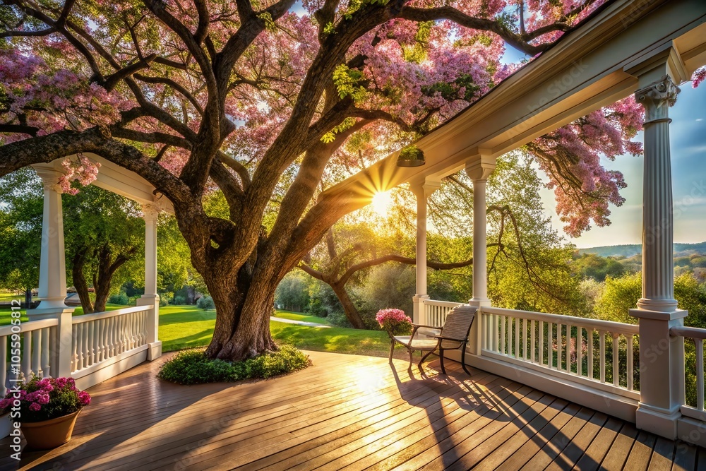 Nostalgic Spring Day with Large Tree and Front Porch View Nostalgic Spring Day with Large Tree and Front Porch View