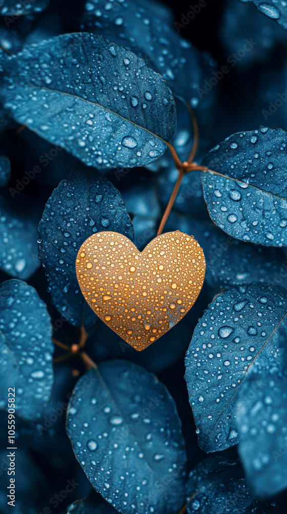 Obraz premium A leaf with a heart on it is surrounded by water droplets