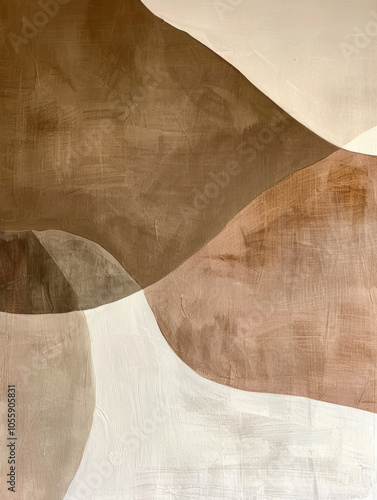 minimalist abstract painting with large curved surface in brown, beige and white colours.