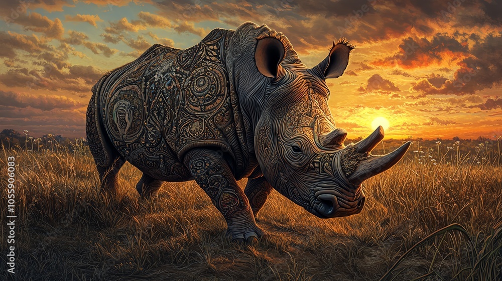 Fototapeta premium Artistic rhinoceros at sunset in the savanna.