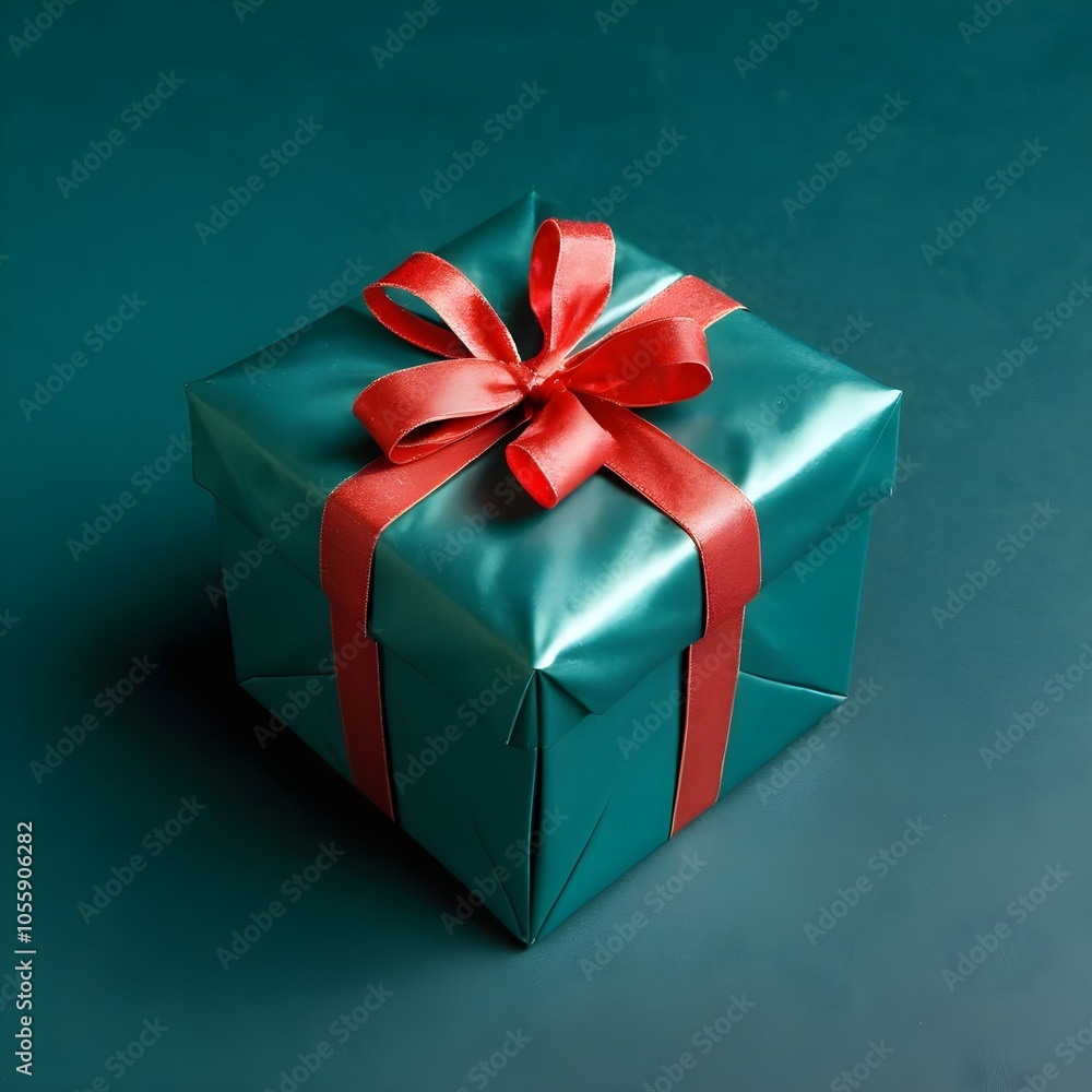 Obraz premium dark teal gift box with red ribbon, Christmas gift on a dark teal background