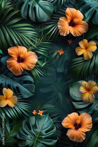 Wallpaper Mural Vibrant hibiscus flowers amidst lush tropical leaves in a serene paradise setting Torontodigital.ca