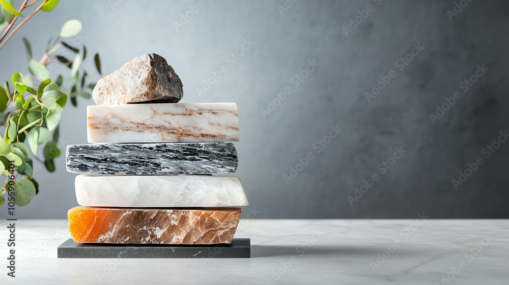 Elegant stack of marble podiums showcasing unique textures and natural beauty Elegant stack of marble podiums showcasing unique textures and natural beauty